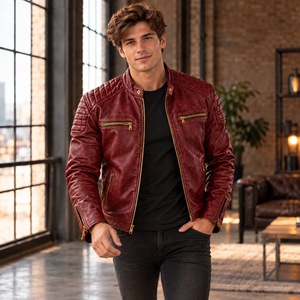 Blouson de moto en cuir véritable bordeaux pour homme avec texture gaufrée, empiècements matelassés et détails de fermeture éclair dorée - Product Image 1