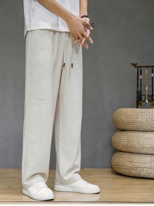 Men's Cotton Casual Pants Elastic Waist Drawstring Lightweight Summer Breathable Straight Fit <b>White</b> - Product Image 5