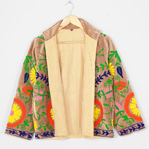 Women Velvet Embroidered <b>Jacket</b> Mandarin Collar Floral <b>Pattern</b> Boho Style Spring Coat Handmade Suzani Design Full Sleeve - Product Image 3