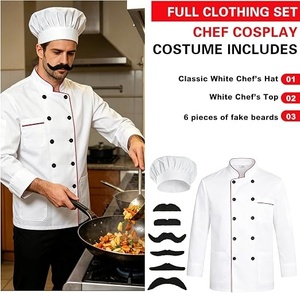 Chaqueta de Chef Blanca de Manga Larga para Hombre con Gorro y Bigote, Uniforme para Restaurante o Bar, Cierre de Botones, Tejido de Algodón - Product Image 6