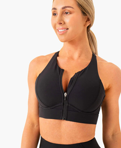 Soutien-gorge de sport dos nageur noir pour femme de qualité supérieure avec fermeture éclair avant, maintien moyen, sans coutures, pour le yoga et les activités sportives - Product Image 2