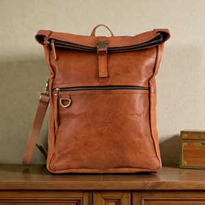 Chic Genuine Leather <b>Roll</b> Top <b>Backpack</b> Genuine Cowhide Leather Fashion Rucksack For Ladies Men Travel Bag LRTB-0119 - Product Image 1