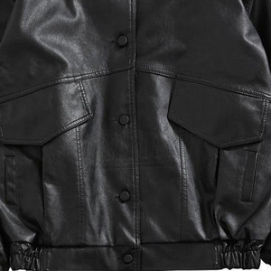 Men's Black PU Leather Jacket Workwear Style Turn-Down Collar Single <b>Button</b> Pockets Regular Fit Autumn Wear Solid Color <b>No</b> Hood. - Product Image 6