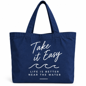 Bolsa de Lona Take It Easy 46x37x15cm Azul Marino con Patrón de Letras, Asa de 26cm, Interior Espacioso, Bolsa de Viaje y Compras - Product Image 1