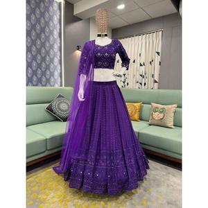 DESIGNER GEORGETTE BRODERIE SEQUENCE TRAVAIL LEHENGA CHOLI AVEC DUPATTA VIOLET - Product Image 1