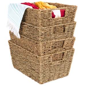 Multi Purpose Woven Storage Basket Set Handmade Natural Fiber Organizer <b>Bin</b> Water Hyacinth Seagrass Basket For Laundry Pantry - Product Image 1