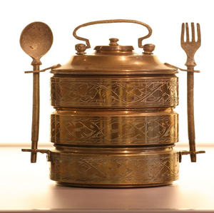 Polished gold brass tiffin <b>box</b>, 3 tier antique gold lunch <b>box</b>, traditional unique <b>locking</b> food carrier, at wholesale prices. - Product Image 6