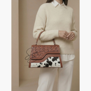 Bolso de mano de cuero genuino con grabado occidental para mujer, bandolera de piel de vaca Hairon, cartera de cuero floral hecha a mano con asa superior - Product Image 3