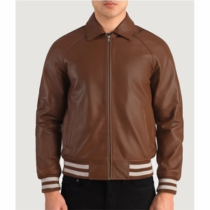 Blouson aviateur en cuir marron pour homme, manches longues, coupe-vent, style automne, design et look différents, veste respirante pour homme, en cuir. - Product Image 3