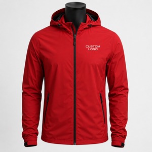 Men's <b>Red</b> Hooded Windproof Jacket Zipper Closure Casual Style Solid Color Front Logo Nylon Material Autumn <b>Windbreaker</b> Jackets - Product Image 1