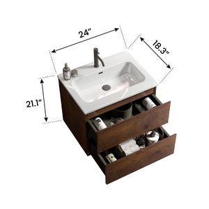 Moderno Mueble de Baño Flotante de Nogal de 24 Pulgadas con Gran Espacio de Almacenamiento, Lavabo de Cerámica y un Orificio para Grifo - Product Image 6