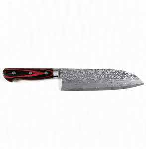 Couteau de cuisine japonais artisanal en acier Damas, manche en bois Pakka rouge, outil de découpe. - Product Image 1