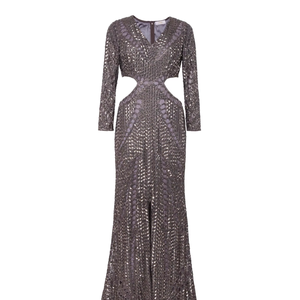 Robe longue grise métallique à sequins et découpes pour femme |   Robe de soirée sirène à manches longues et col en V ornée de détails pour invitées de mariage ou de gala - Product Image 3
