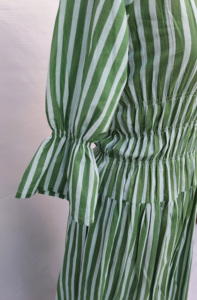 Vestido Midi de Algodón con Rayas Verdes y Blancas para Mujer, Cintura Fruncida, Cuello Redondo, Manga Campana, Estilo Boutique Casual - Product Image 6