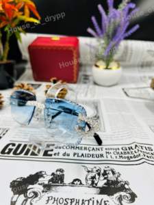 Lunettes de soleil semi-cerclées à verres bleus, monture en argent sterling 925, diamants Moissanite VVS, légères, pour l'extérieur, design de créateur - Product Image 3