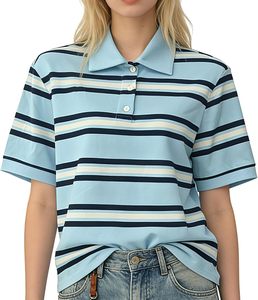 Camisa Polo Oxford a Rayas Personalizada para Mujer, Manga Corta, Casual, Largo Regular, Azul Marino, Blanco, Patrón Tejido - Product Image 4