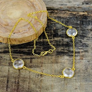 Natural Clear Quartz Round Shape Charm Gemstone <b>Chain</b> Necklace 18k Gold Micron Over 925 Sterling Silver - Product Image 3