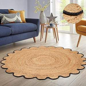 Alfombra redonda de yute ecológica hecha de yute natural con fibras festoneadas para diseños de hogar modernos. - Product Image 5