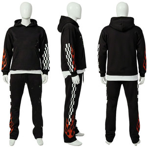 Conjunto Deportivo Unisex Negro con Capucha, Transpirable, 2 en 1, Estampado a Cuadros con Llamas, Sudadera de Algodón y Pantalones Jogger, Ropa de Otoño - Product Image 1