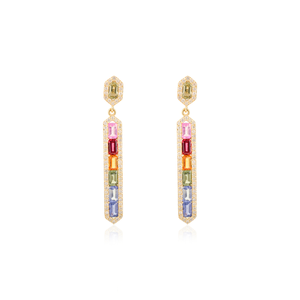 Nueva Colección de Pendientes Colgantes de Oro Amarillo Puro K14 con Diamantes y Múltiples Zafiros de Colores Arcoíris Hechos a Mano, Joyería Fina para Bodas - Product Image 1