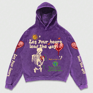 Sudadera con capucha morada personalizada con lavado ácido, gráfico de esqueleto, oversize, de algodón de alto gramaje, estilo vintage - Product Image 1
