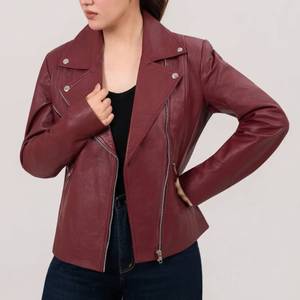 Veste en cuir pour femme Helen, couleur marron, style motard double, respirante, en cuir véritable, avec fermeture éclair - Veste marron - Product Image 3