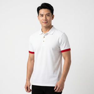 Polo blanc pour homme à manches courtes, col boutonné rouge, tissu décontracté respirant, design uni tissé - Product Image 3
