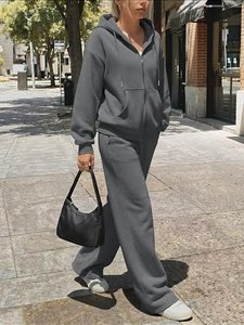 Conjunto de Sudadera con Capucha Gris, Oversize, de Algodón y Felpa, Casual, de Color Sólido, con Cierre, Pantalones Joggers, para Otoño, Unisex - Product Image 6