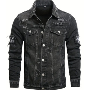 Men's Slim Fit Distressed <b>Denim</b> <b>Jacket</b> With Patches Punk Style Ripped Washed Black Button Front Coat Autumn Wear - Product Image 1