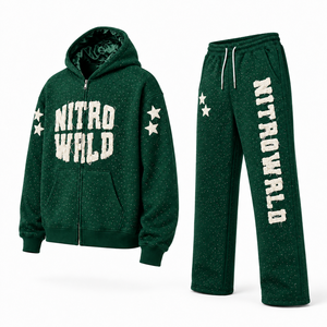 Survêtement streetwear premium pour homme, avec appliqué personnalisé effet vieilli, respirant, 100% coton, sweat à capuche zippé, taille élastique, pantalon large, design 2-en-1 - Product Image 6