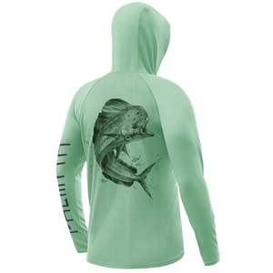 เสื้อฮู้ดดี้ตกปลาแขนยาวสีเขียวมิ้นท์สำหรับผู้ชาย พิมพ์ลายปลาโดราโด ป้องกันรังสียูวี UPF 50 เสื้อพูลโอเวอร์ประสิทธิภาพสูง - Product Image 1