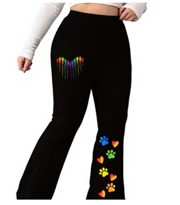 Pantalon évasé taille haute pour femme, motif cœur arc-en-ciel et patte, coupe ample, longueur intégrale, décontracté, en tricot de coton et élasthanne respirant, idéal pour le printemps - Product Image 1