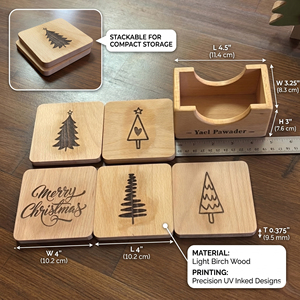 Juego de Posavasos de Madera Grabados con Láser con Soporte. Regalos Navideños Personalizados con Bordes Redondeados. Decoración al por Mayor - Product Image 4