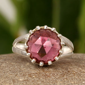 Luxe Classique Design Rose Tourmaline Quartz Couronne Bague En Argent Sterling 925 10x10mm Forme Ronde Bohème Déclaration Bijoux - Product Image 1