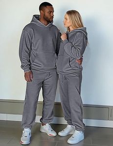 Ensemble survêtement gris à capuche pour homme 100% coton, manches longues, couleur unie, sweat-shirt et pantalon décontractés avec poches latérales - Product Image 5