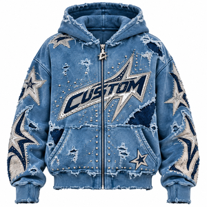 Sweat-shirt à capuche zippé unisexe Tie Dye délavé à l'acide avec broderie de strass, bicolore, coloré, style streetwear, orné de cristaux - Product Image 5