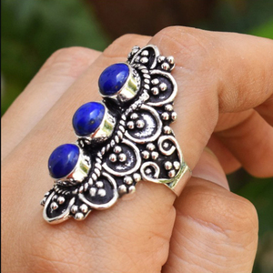 แหวนพลอยลาพิส ลาซูลีธรรมชาติ แหวนเงินแท้ 925 ทำมือ สำหรับเด็กหญิงและสตรี - Product Image 4