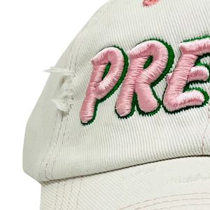 White Distress Denim Baseball <b>Cap</b> with Pink Embroidered Letter Design Adjustable Casual <b>Vintage</b> Unisex Outdoor Fashion Hat Wear - Product Image 6