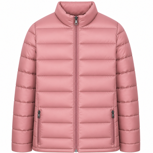Pink Stand Collar Puffer <b>Jacket</b> With Zipper Closure Casual Windproof Outerwear For Autumn Unisex Regular Fit - Product Image 1