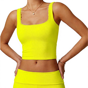 Women's <b>Pink</b> Ribbed Neck <b>Crop</b> <b>Top</b> Strap Tank Breathable High Support Solid Color Simple Front Logo Yoga Eco-Friendly Quick Dry - Product Image 3