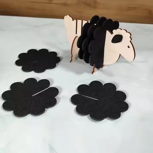 Cartoon Sheep Wooden Coaster Set Flower Shape Non-Slip <b>Mats</b> Black Felt Pads 6mm Thickness - Product Image 1