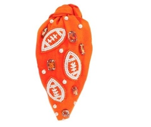 Export Quality Orange and White <b>Football</b> Beaded <b>Headband</b> Gameday Knotted Sports Hairband with Rhinestone Embellishment <b>Headbands</b> - Product Image 1