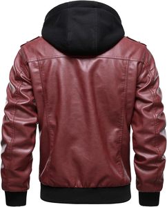 <b>Men's</b> Burgundy PU <b>Leather</b> Hooded Moto <b>Jacket</b> Zipper Front Slim Fit Autumn Style - Product Image 4