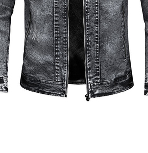 Men's Slim Fit Denim Jacket Stand Collar Zipper Closure Washed Solid Color Casual Autumn Regular Sleeve Style - Product Image 3