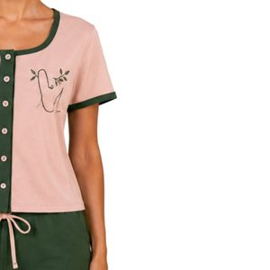 Blush And Forest Green Women Two Piece Shorts Set Round Neck Button <b>Top</b> Minimal Embroidery Casual Summer Cotton Lounge Wear - Product Image 4