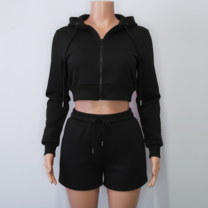 Nouveau design – Ensemble sweat à capuche court zippé et short taille mi-haute en molleton 100 % coton avec poches passepoilées, manches longues, coupe classique – Tenue quotidienne pour fille - Product Image 6
