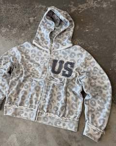 Veste à capuche personnalisée en molleton français camouflage, style streetwear, zippée, courte, imprimé léopard, vintage, en coton délavé à l'acide, avec appliques, pour homme - Product Image 3