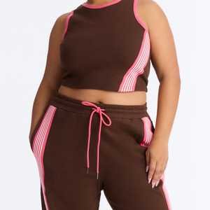 Conjunto Deportivo de Dos Piezas para Mujer, Corte Holgado, Rayas Marrón y Rosa, Top Corto sin Mangas, Pantalones Anchos, Transpirable, para Todas las Temporadas - Product Image 3