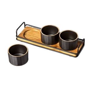 Plateau de service en métal usagé à 3 bols Forme rectangulaire en bois avec support en fer noir mat - Product Image 1