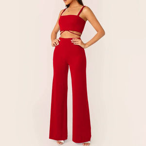 Women's Solid Red Off-Shoulder Yoga Tank Top with Flared Pants Set Breathable Sports Fitness <b>Underwear</b> <b>One</b> Set - Product Image 1